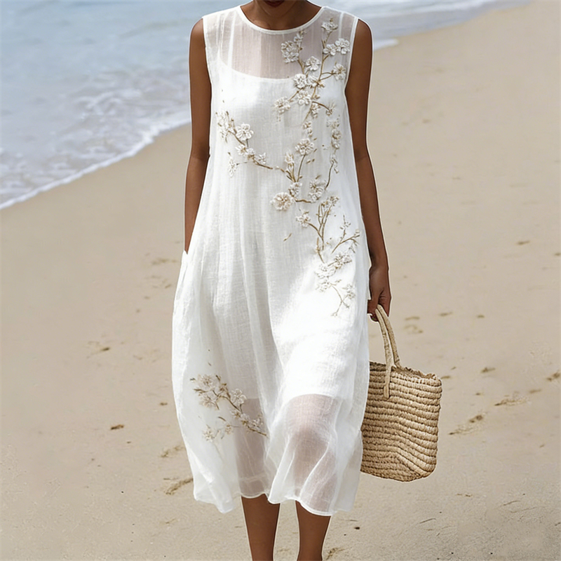 Classy White Almond Blossom Flowy Linen Tank Dress wearshes