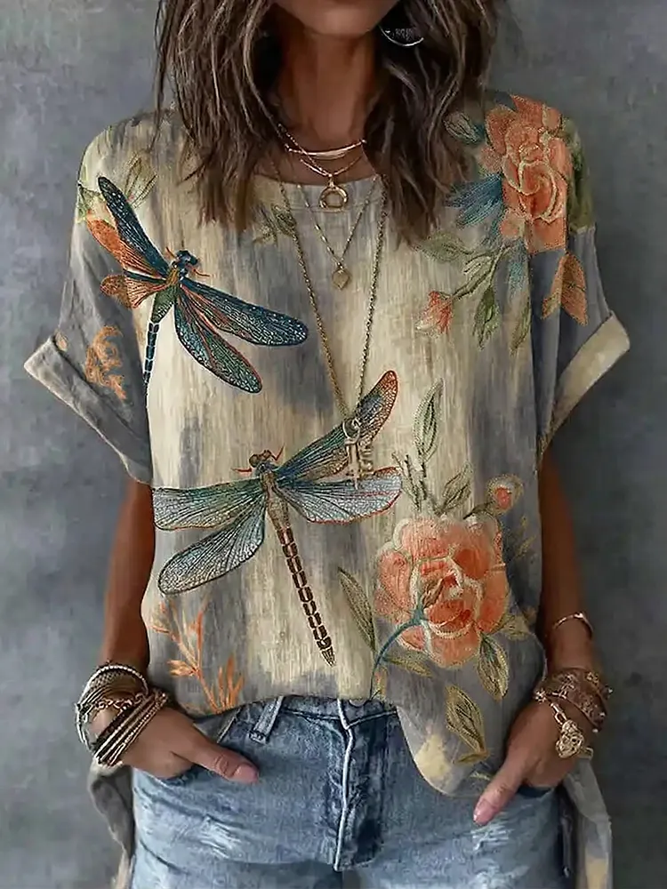 Vintage Dragonfly And  Floral Pattern Linen Blend Short Sleeve Tops