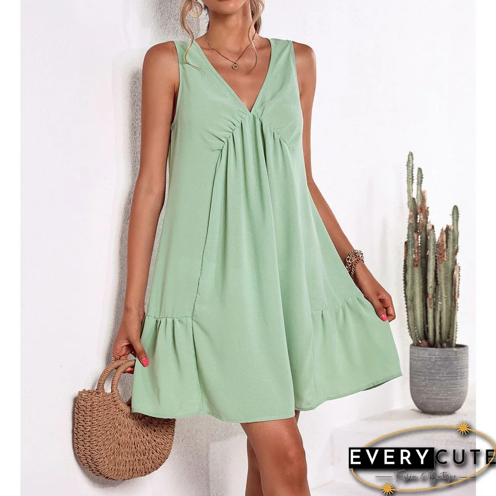 Elegant Women Summer Dresses New Casual Loose Waist V-neck Solid Color Folds Sling Dress Skinny A-line Mini Dress