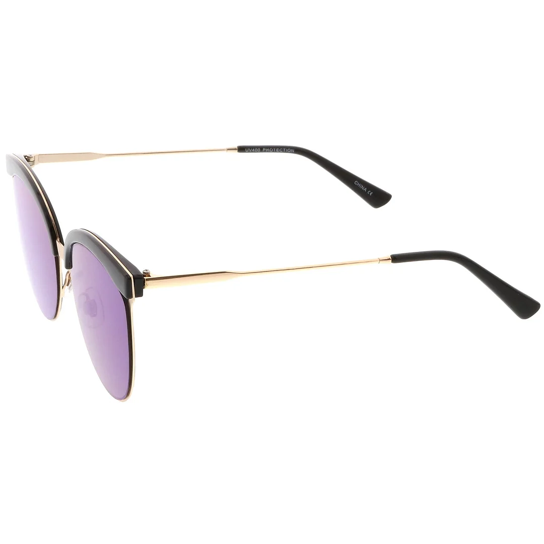 Modern Semi-Rimless Cat Eye glasses Cutout Round Mirrored Flat Lens 55mm