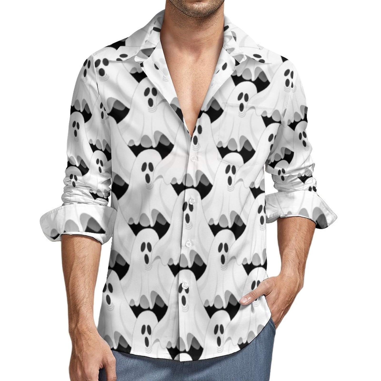 Halloween White Ghosts On Black Holiday Men's Casual Long Sleeve Button Down Pocket Shirt