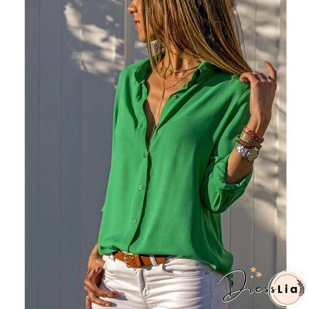 Women Blouses Basic Selling Button Solid Fashion Long Sleeve Office Shirt Leisure Blouse Shirt Casual Slim Plus Size Tops