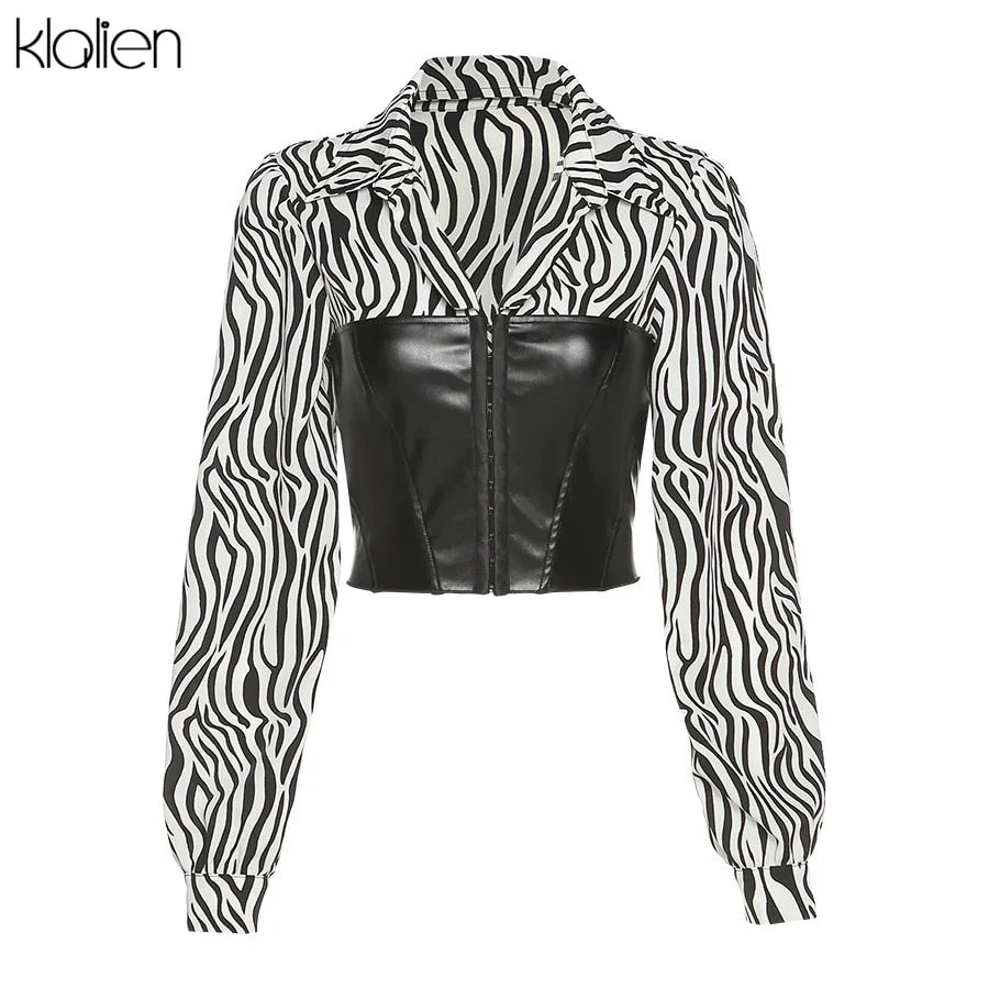 KLALIEN Fashion Stripe PU Leather Patchwork Slim Cool Streetwear Female T Shirt 2021 New Casual Basic Wild Korean Top Women