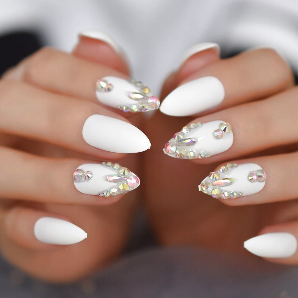 Medium-Short Almond Pure White With Fake Diamond Rhinestones Decoration Nails False Nails Tip FIngernails Press On Nails Charmin