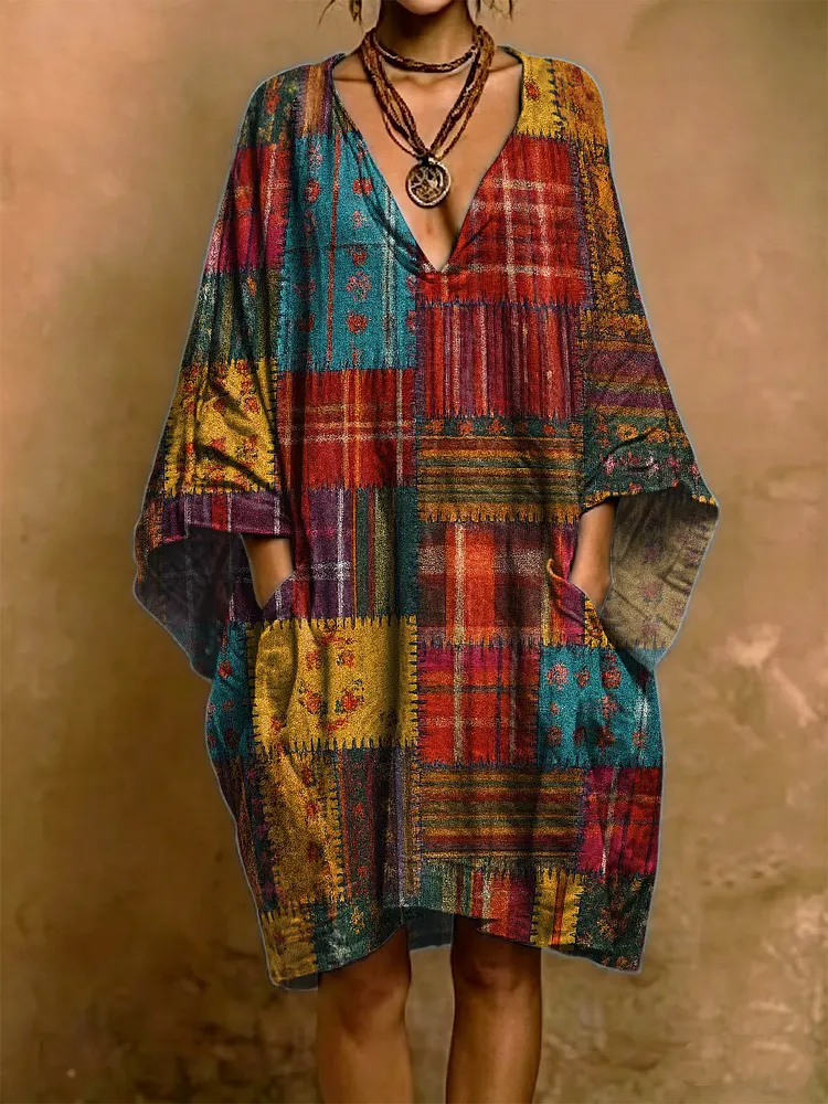 Colorful Retro Geometric Patchwork Pattern Short Sleeve Cotton Linen Dress