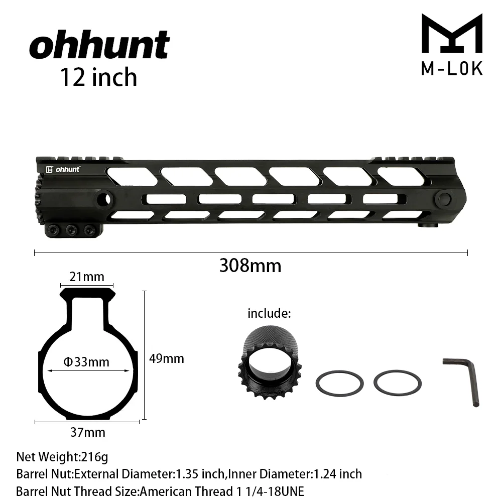 ohhunt Super Slim Lightweight Free Float M-LOK Handguard with Steel Barrel Nut