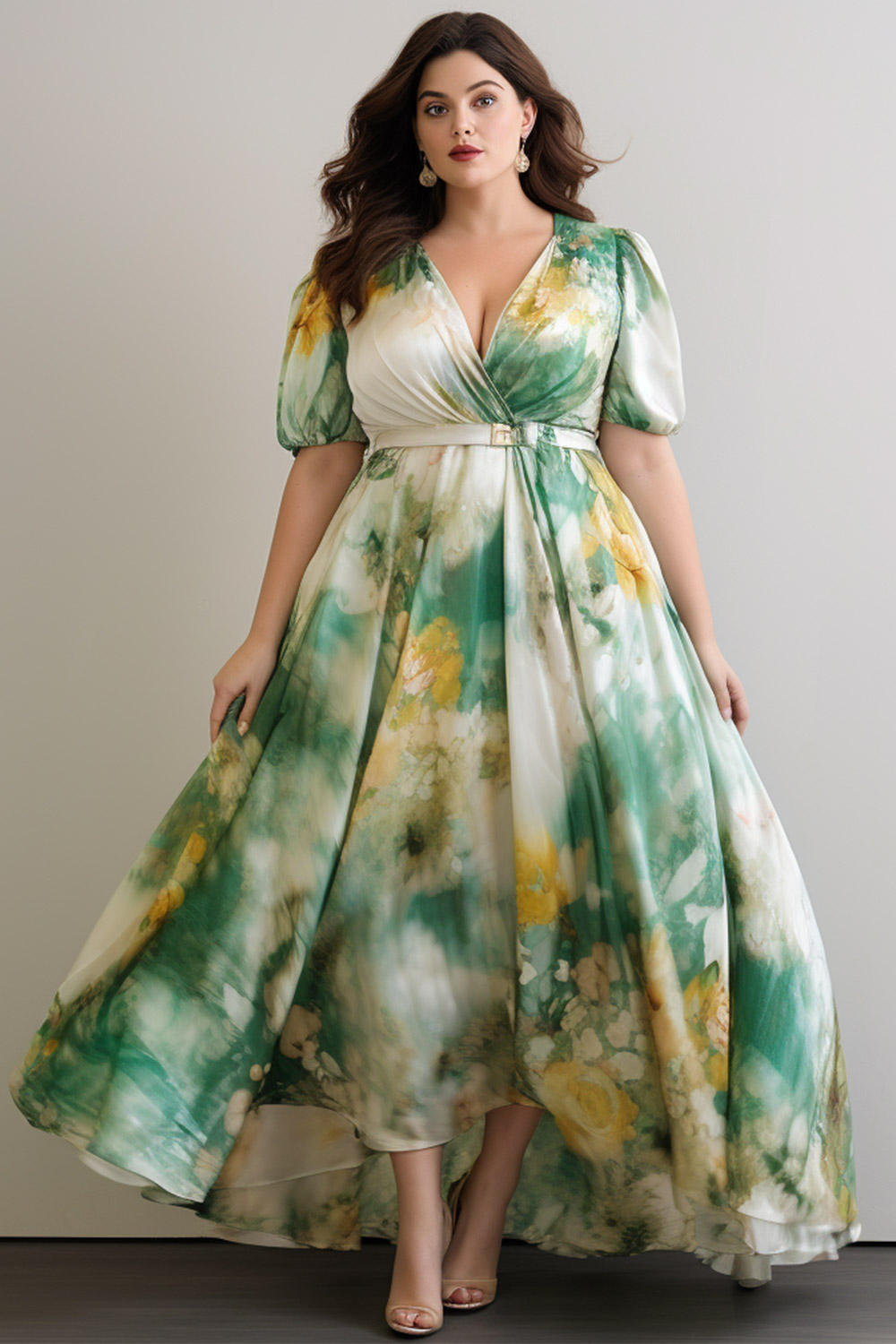 Flycurvy Plus Size Green Wedding Guest Satin Floral Print Wrap Neck With Belt Lantern Sleeve Maxi Dress 2024 - Flycurvy 