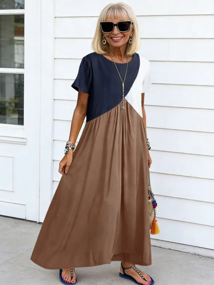 Splicing Short Sleeve Dress Long Dress