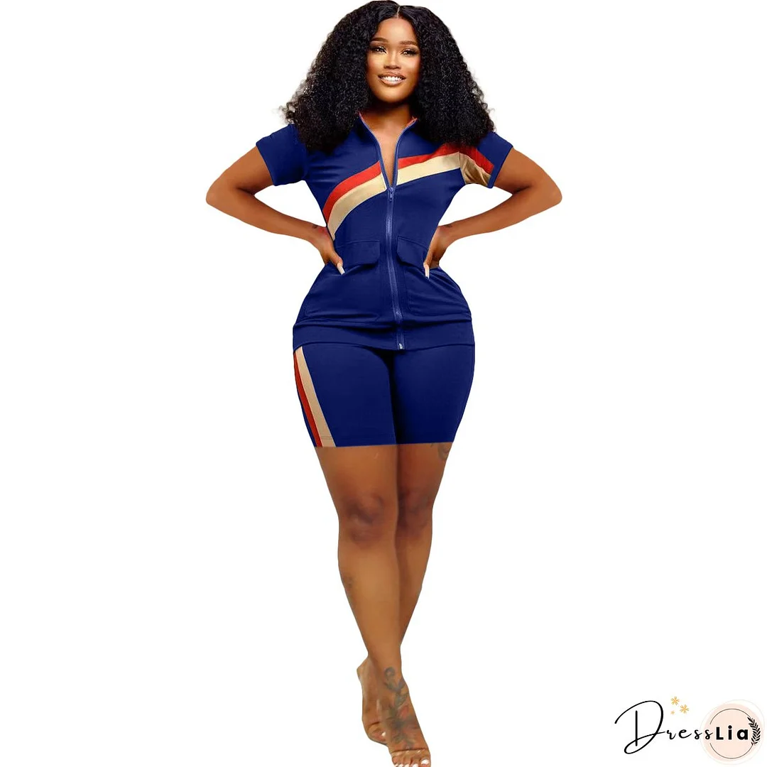 Women's Sports Casual Fashion Zip Pocket Top Shorts Two-Piece Set