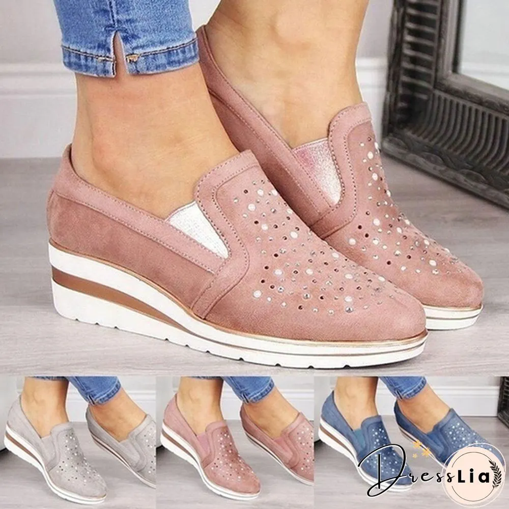 Women Casual Thick Sole Single Shoes Rhinestones Sandals Breathable Wedge Shoes