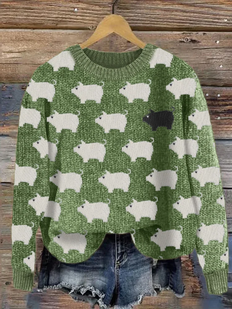 VChics Vintage Pigs Pattern Cozy Knit Sweater