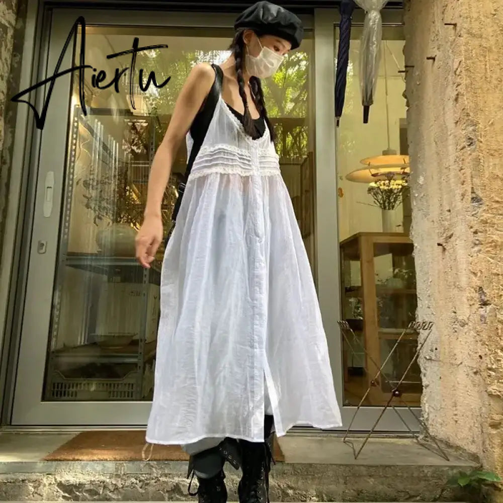 Aiertu Summer Y2K Dress for Wome Sexy Sling Robe Femme 2024 Vestidos De Mujer Loose Long Robe Korean Fashion See Through White Dresses Aiertu