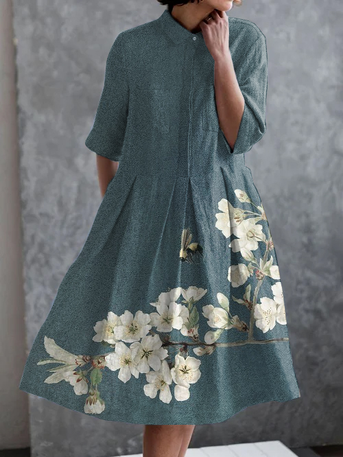 Vintage Bee Floral Print Casual Pocket Half Sleeve Dress