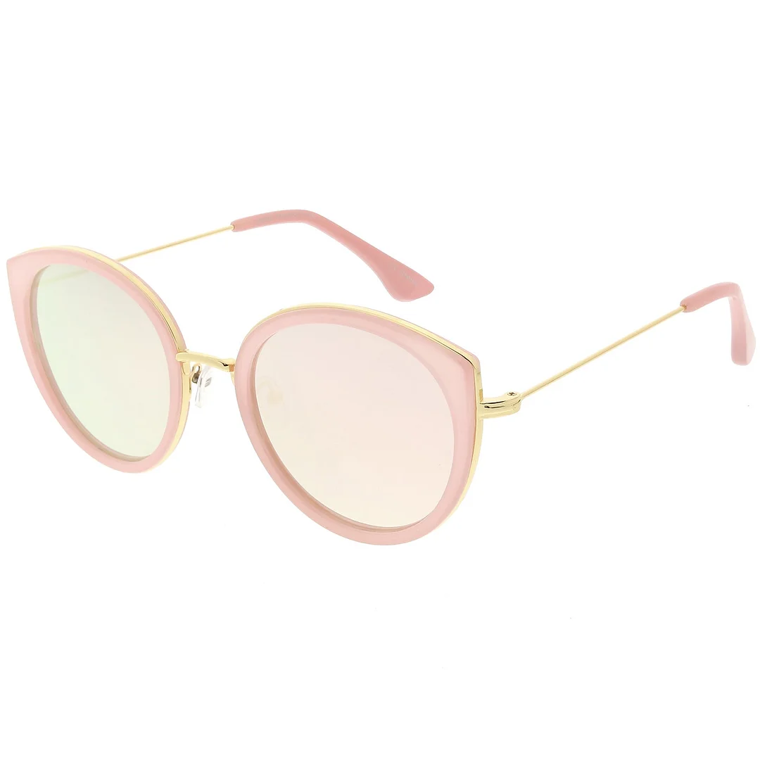 Modern Cat Eye glasses Metal Trim Round Colored Mirror Flat Lens 53mm