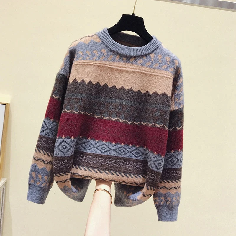 Sweater female art retro 2021 new fashion autumn and winter student Japanese diamond jacquard pullover sweater