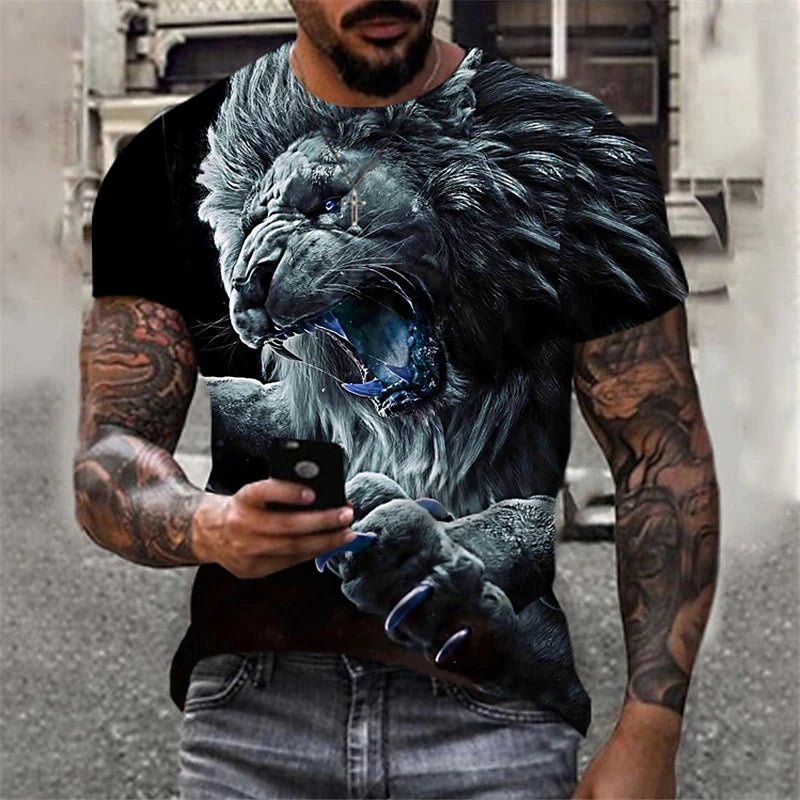 Men's T-Shirt Lion Animal Crew Neck Street Casual Short Sleeve Top Sportswear Casual Fashion Comfortable Black