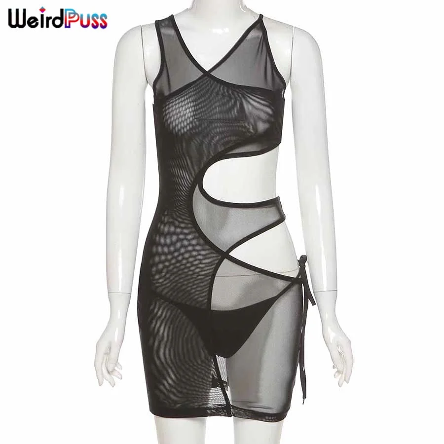 Weird Puss Hollow Out Multi-Layer Sexy Summer Dress Sleeveless See Through Skinny Bodycon Fashion Street Style Party Clubwear