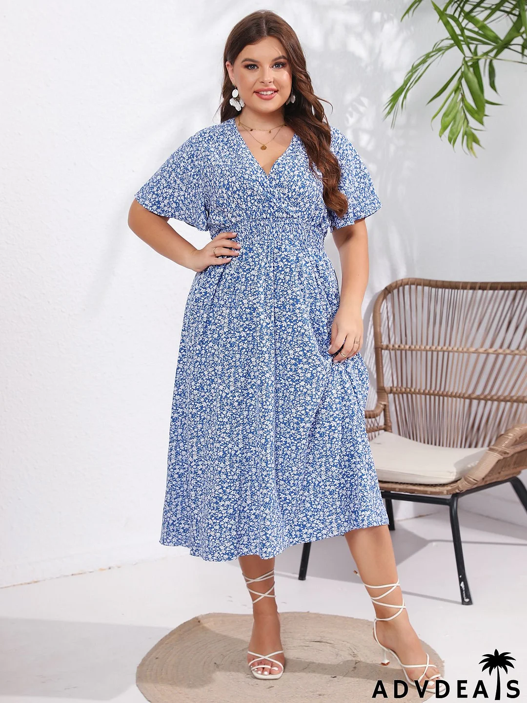 Women Fashion Sexy V-Neck Tiny Flower Print Short Sleeve Plus Size Dress