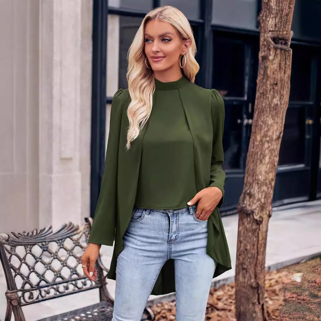 Toloer Toloer Autumn And Winter Casual Women's Wear Trend Solid Color Half High Collar Long Sleeves Fake Two Shirts Women-Outfit Ideas