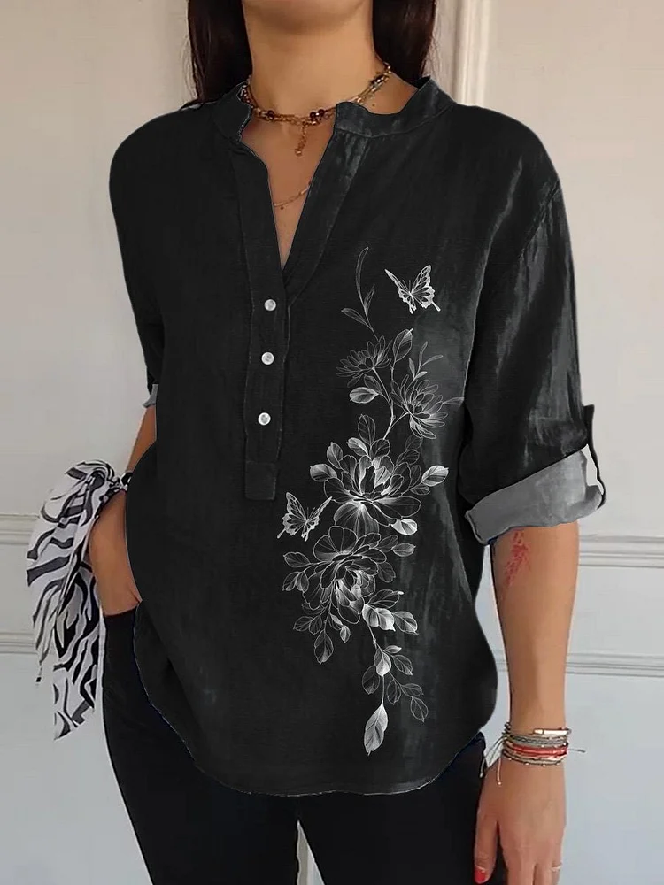 Butterfly And Peony Floral And Vine Pattern Printed Women's  Print Casual Long Sleeve Comfortable Cotton Shirt