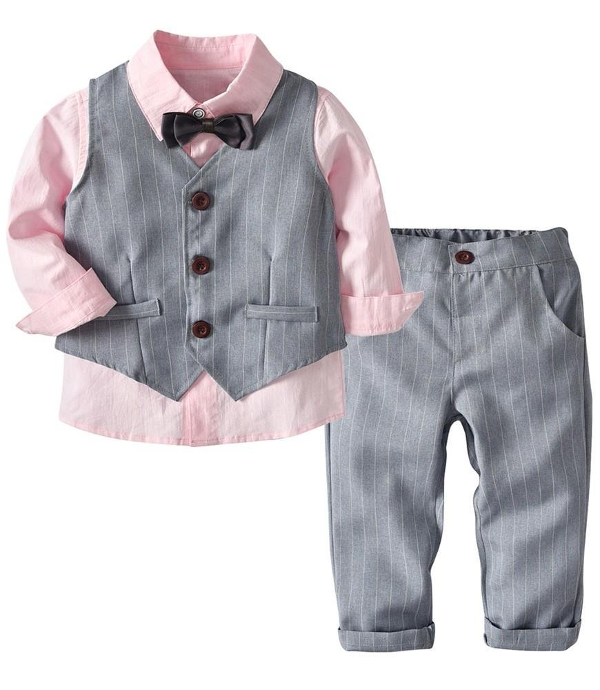 Buzzdaisy Pink Cotton Shirt Grey Stripe Waistcoat And Trousers Boys Blazer Suit