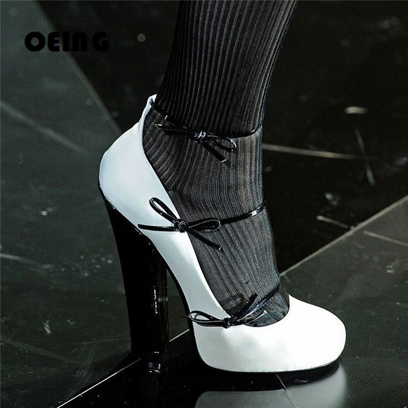 VCSHOES VCshoes Women Bowknot Strap Pumps Runway Style Patent Leather Block Heels Pumps Ladies Round Toe Ankle Straps Mary Jane Shoes 44