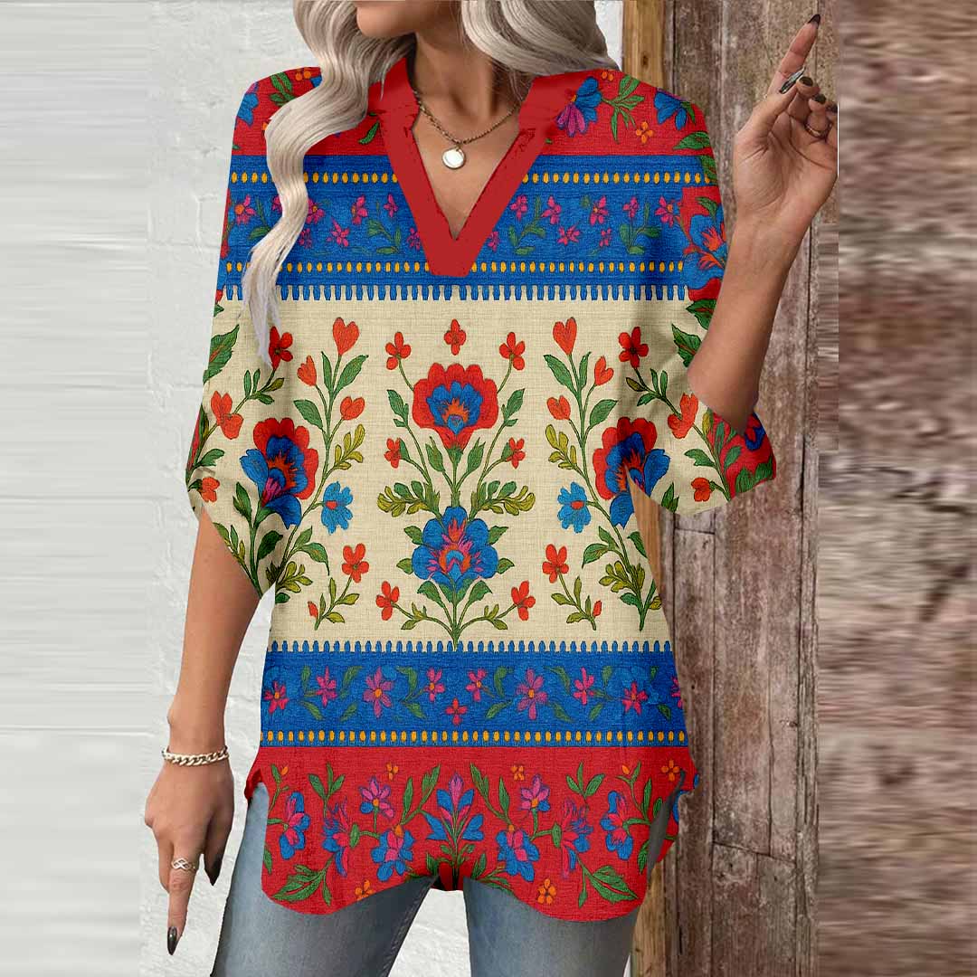 Women Floral, Red, Blue DZGA0198 3/4 Sleeve V-neck Printed Graphic Button Tops