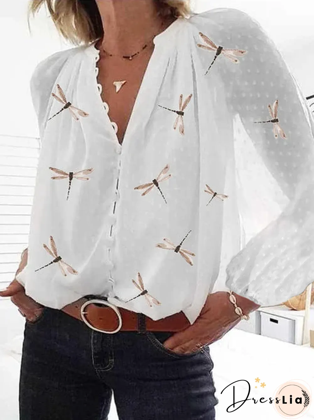 Women Casual Chiffon Floral Long Sleeve V Neck Blouse