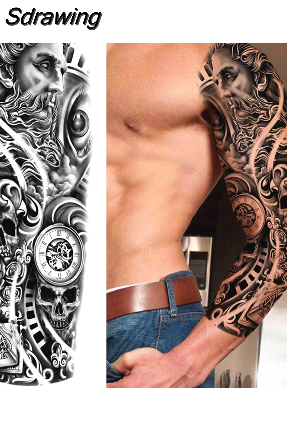 Sdrawing Arm Temporary Tattoos Sleeve For Men Women Realistic Fake Tatoos Warrior Lion Tiger Flower Tatoo Sticker Black Totem Maori 507-1