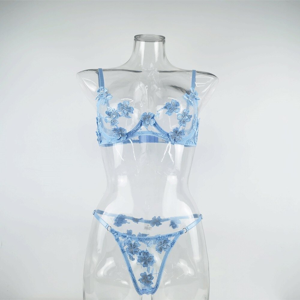2-piece Floral Bra Set Women Transparent Bra Underwire + Panty 2021 Spring Sexy Underwear Sweet Lingerie Set 530-1