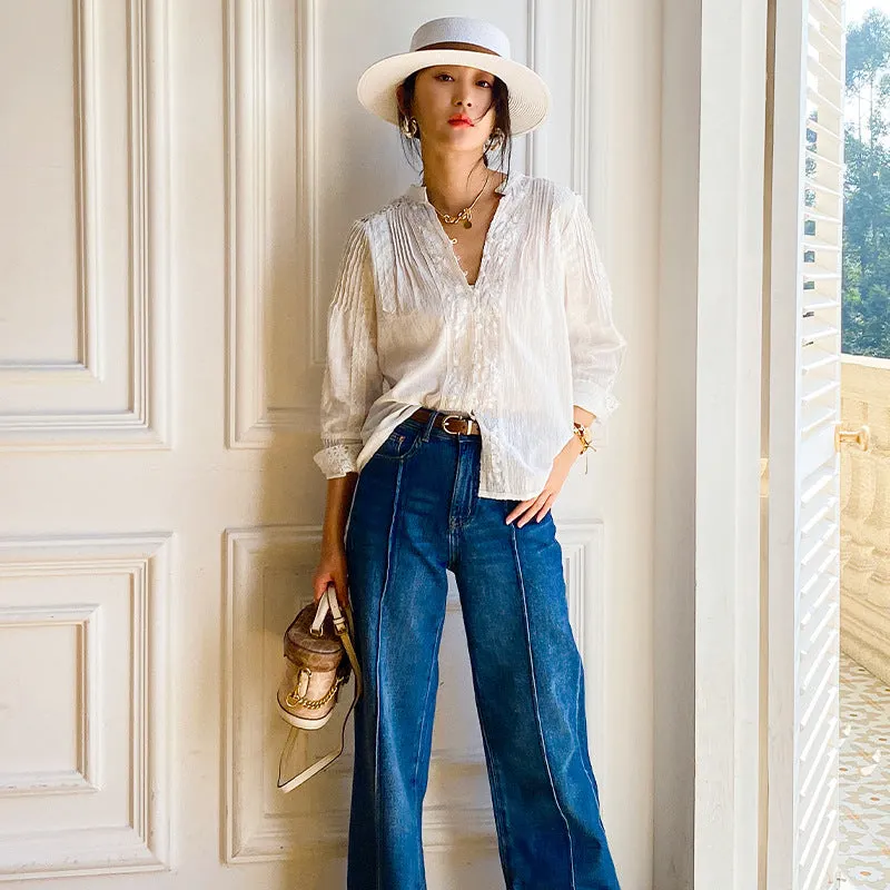Brownm Spring Lace French Style White Shirt Long Sleeve Blouses
