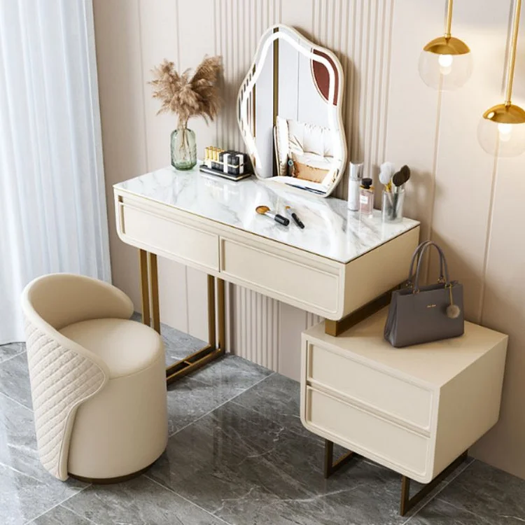 Homemys White Sintered Stone Nordic Makeup Vanity Extendable Stone Top 4-Drawer Dressing Table