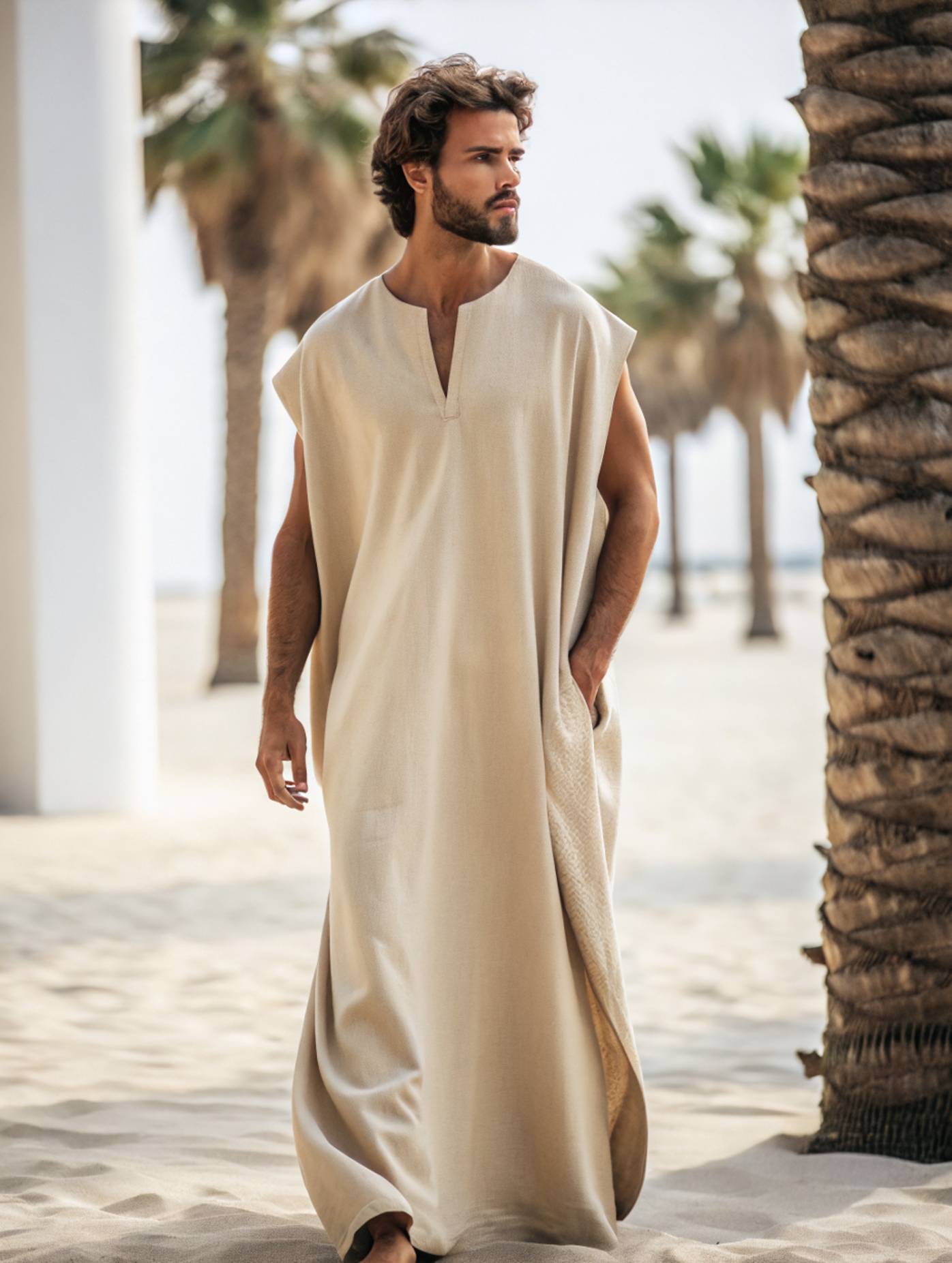 Men's Beige Color V-neck Linen Long Kaftan