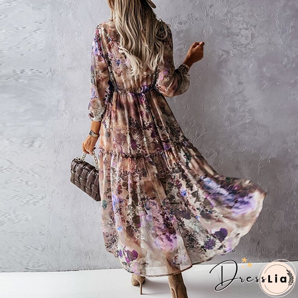 Women Casual Print Long Sleeve Dress Autumn Fashion Irregular Slim Dress Office Lady Elegant Button Ruffle Elastic Waist Dresses