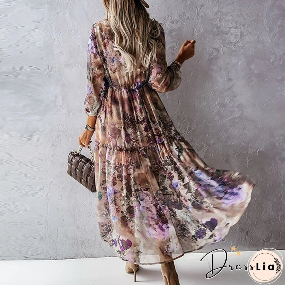 Women Casual Print Long Sleeve Dress Autumn Fashion Irregular Slim Dress Office Lady Elegant Button Ruffle Elastic Waist Dresses