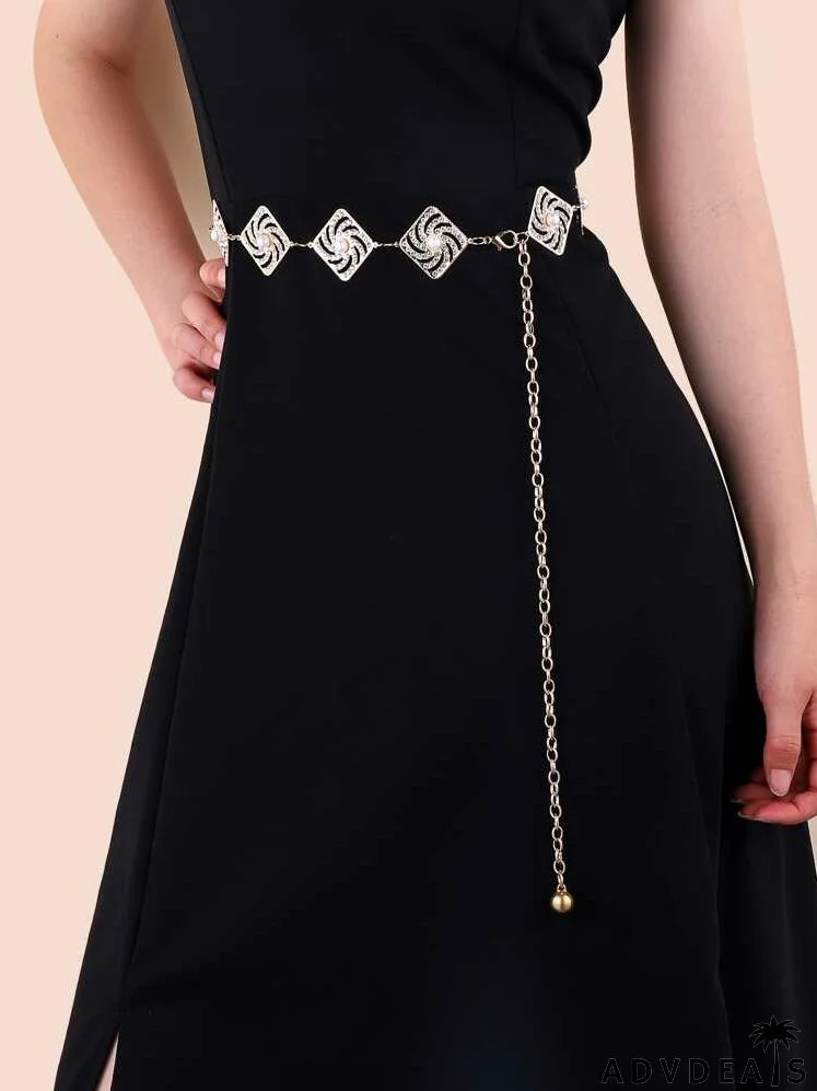 Faux Pearl & Rhinestone Decor Geometric Chain Belt