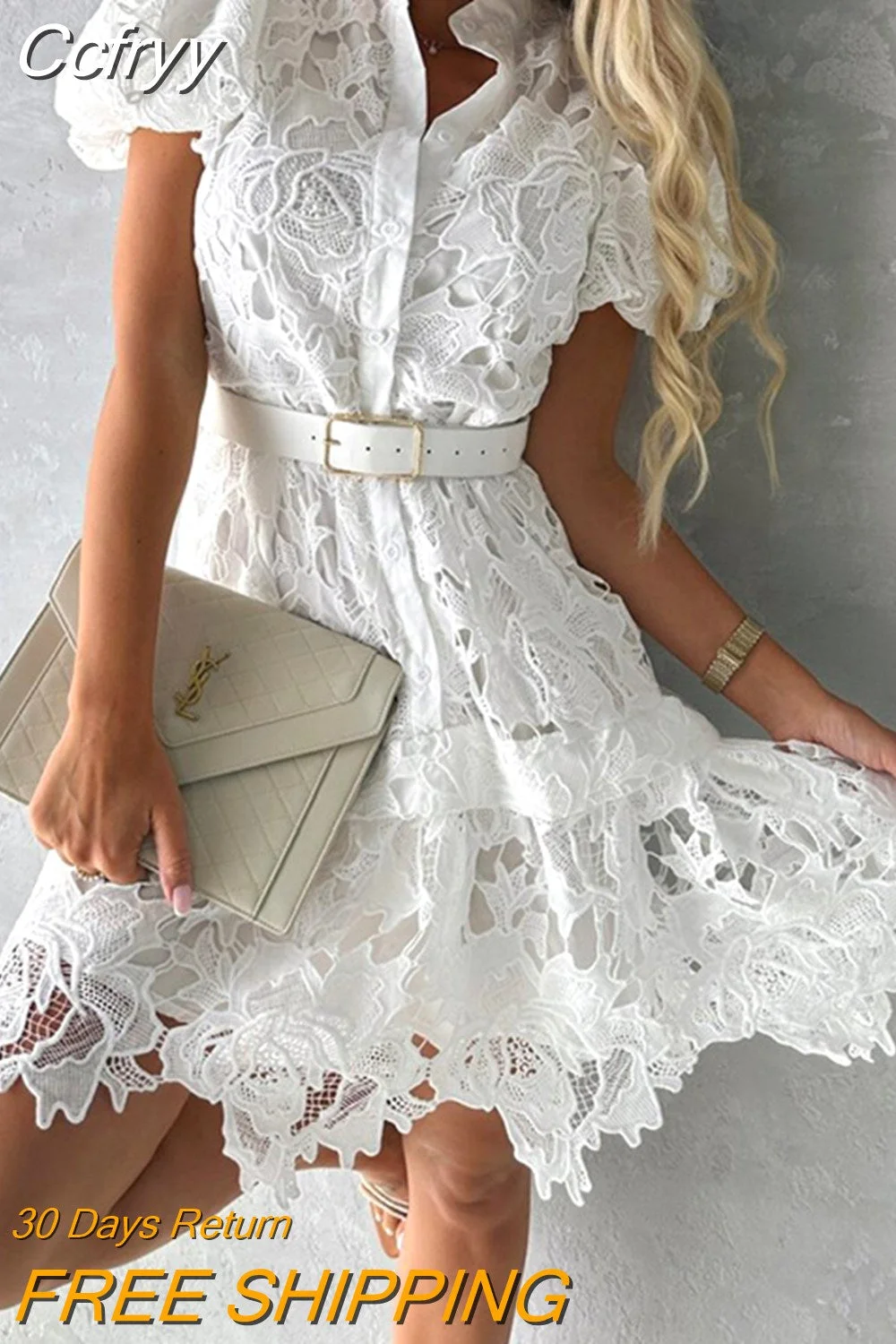 Huibahe Summer Puff Sleeve Sexy Lace Hollowed Out Short Dresses Stand-up Collar Solid Elegant Slim Shirt Skirt Women 2023 Vestidos