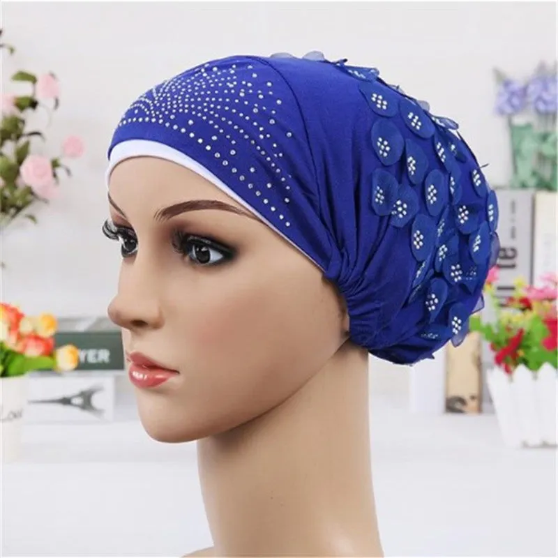 Women's Sequins Flowers Muslim Turban Hat Cap