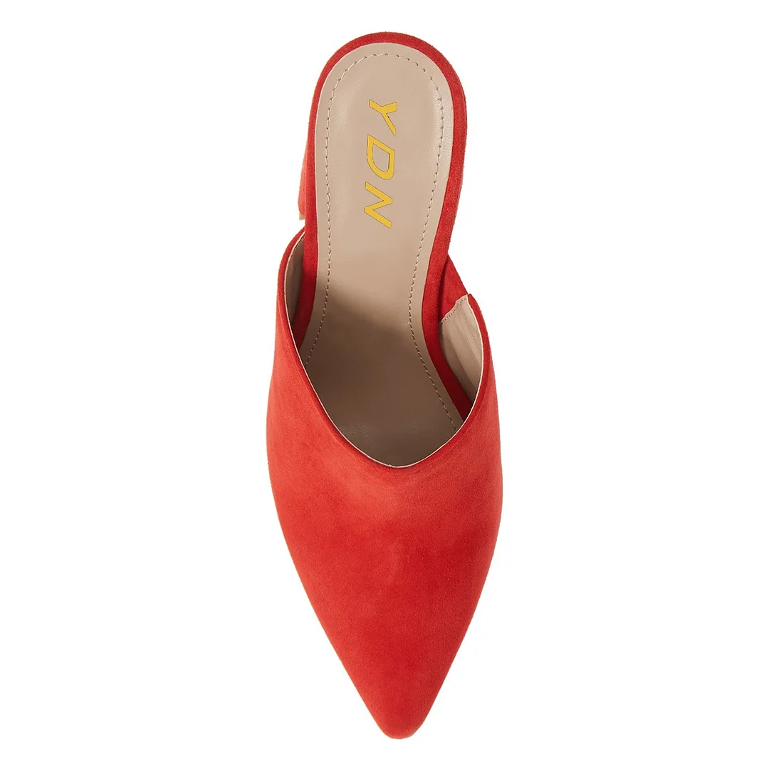 Pointed Toe Slip On Block Heel Vegan Suede Red Mules Shoes for Ladies