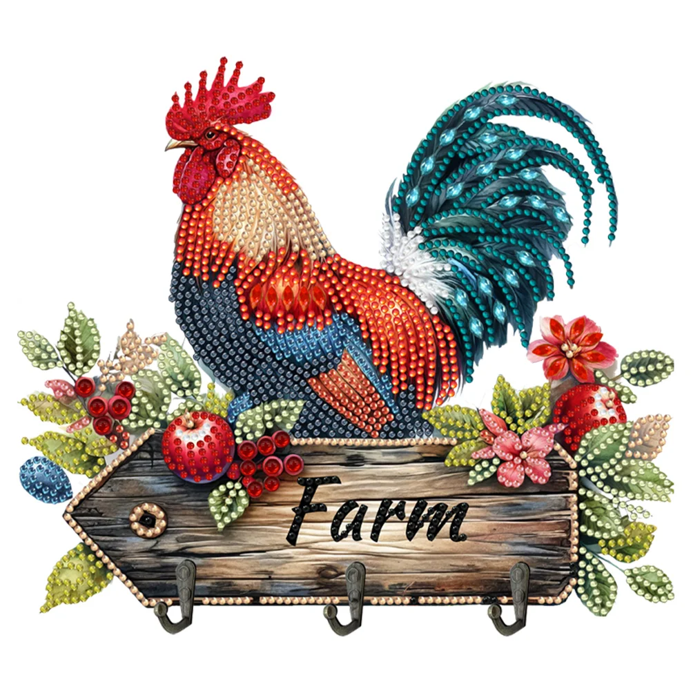 DIY Farm Rooster Wooden Diamond Painting Art Hooks Rail for Home Decor