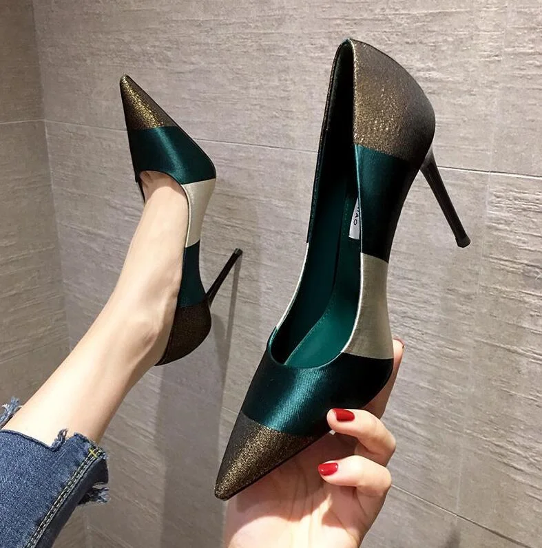 2021 Spring Fashion Sexy High Heels,Women Pumps,Pointed toe,Office Lady Working Shoes,French Style,Female Footware,Black,GREEN