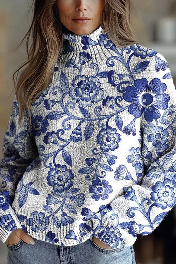 Floral Pattern High-Neck Long-Sleeved Loose Sweatshirt