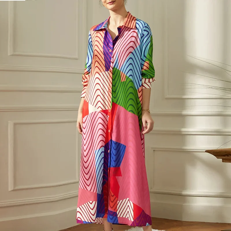 Zingj Ladies Single Breasted Straight A-line Dress 2023 New Summer Loose Long Dresses Fashion Pattern Printed Lapel Shirt Dress