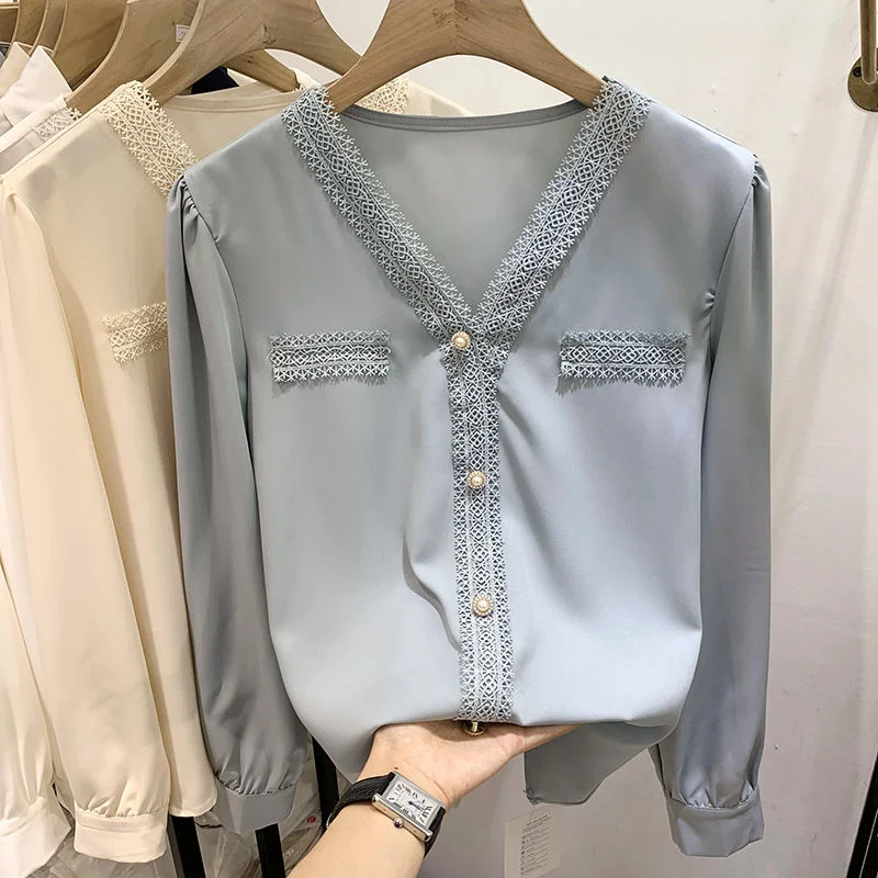 Jangj Spring Autumn New Korean Elegant Solid Color V-neck Single-breasted Blouse Long Sleeve Chiffon Office Lady Top For Women