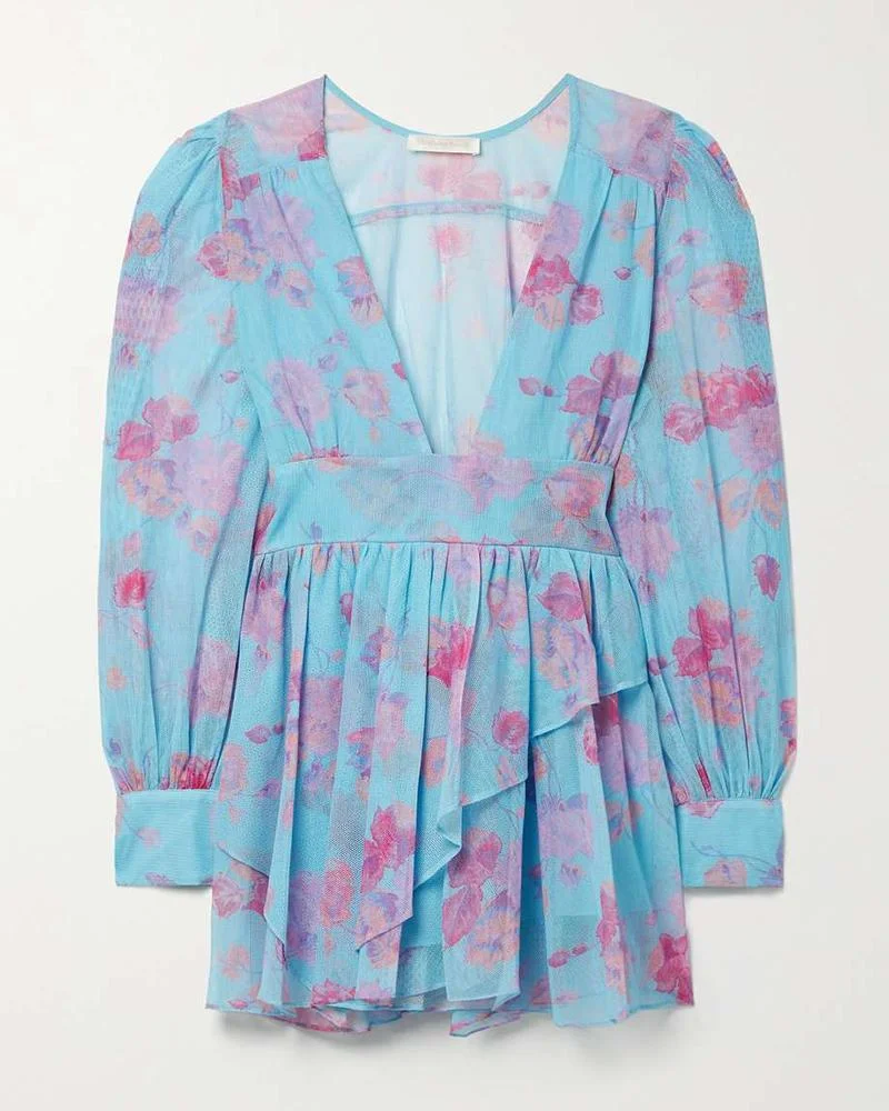 Ruffled floral-print tulle mini dress