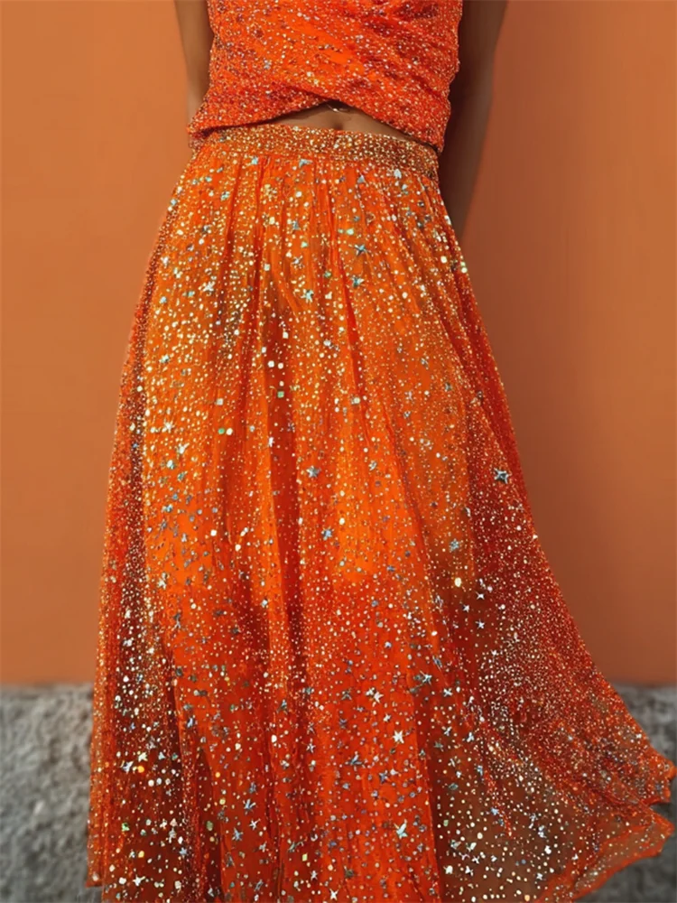 Orange Glitter Stars Sequins Flowy Wide Skirt