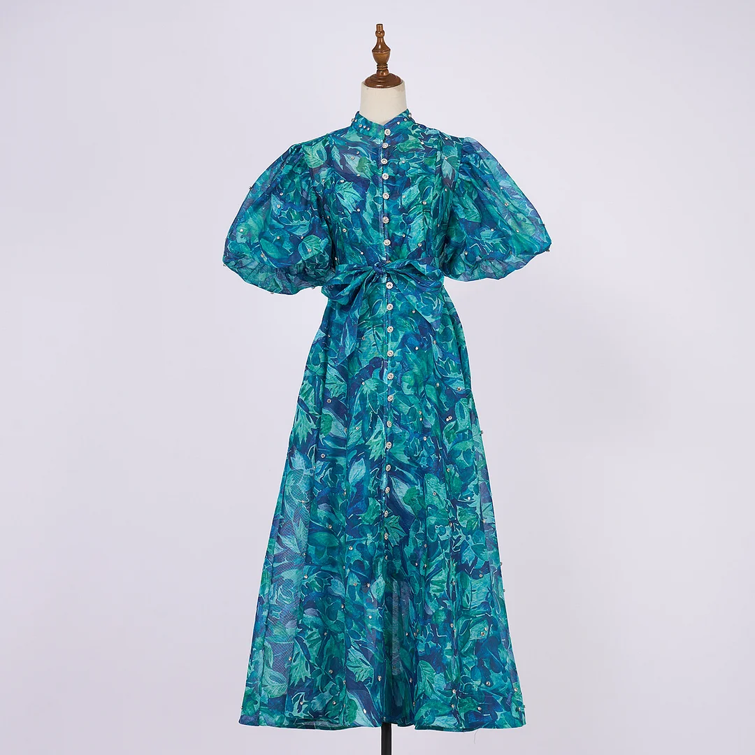 Nigikala Nigikala Court Style High Design Feeling Heavy Industry Nail Drill Short Sleeve Single Buckle Dress + Sling