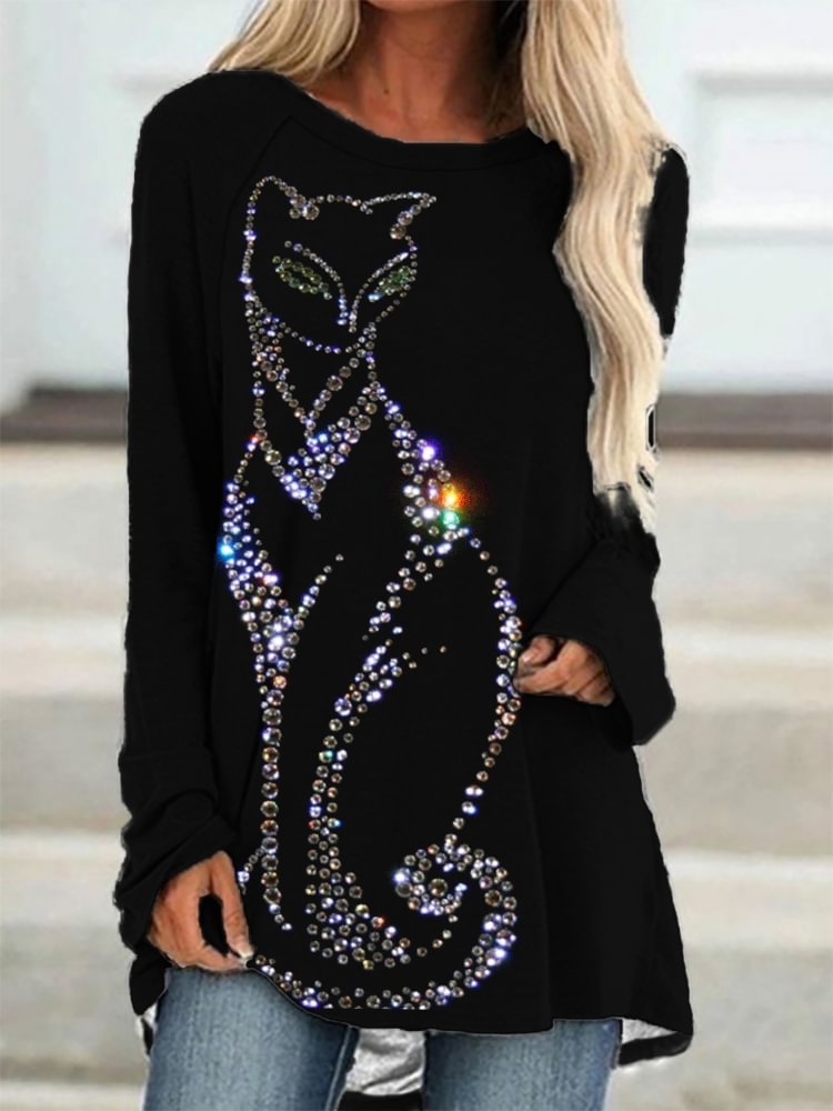 Comstylish Glitter Elegant Cat Art Print A Line T Shirt