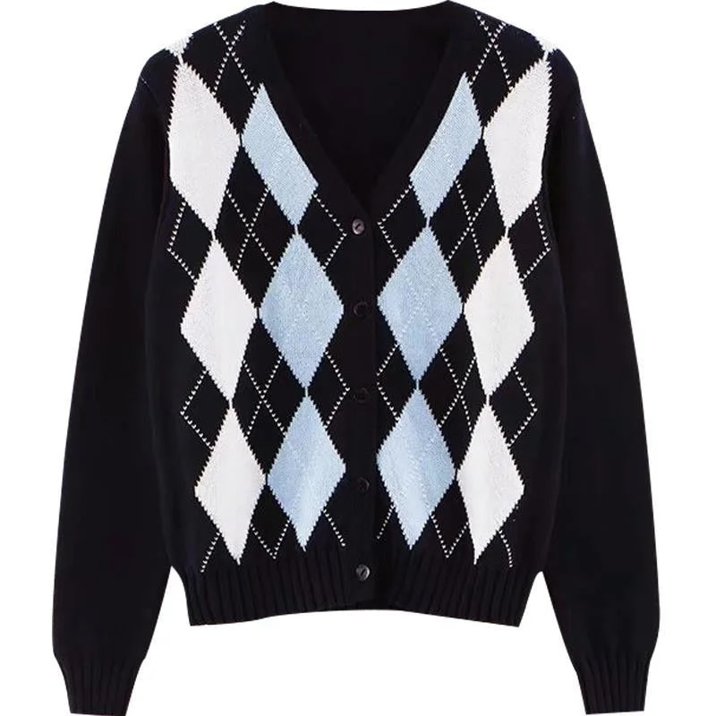 Casual Winter Argyle Plaid Cardigans Women Vintage England Style Single Breasted Long Sleeve Knitted Sweaters Streetwear Coats