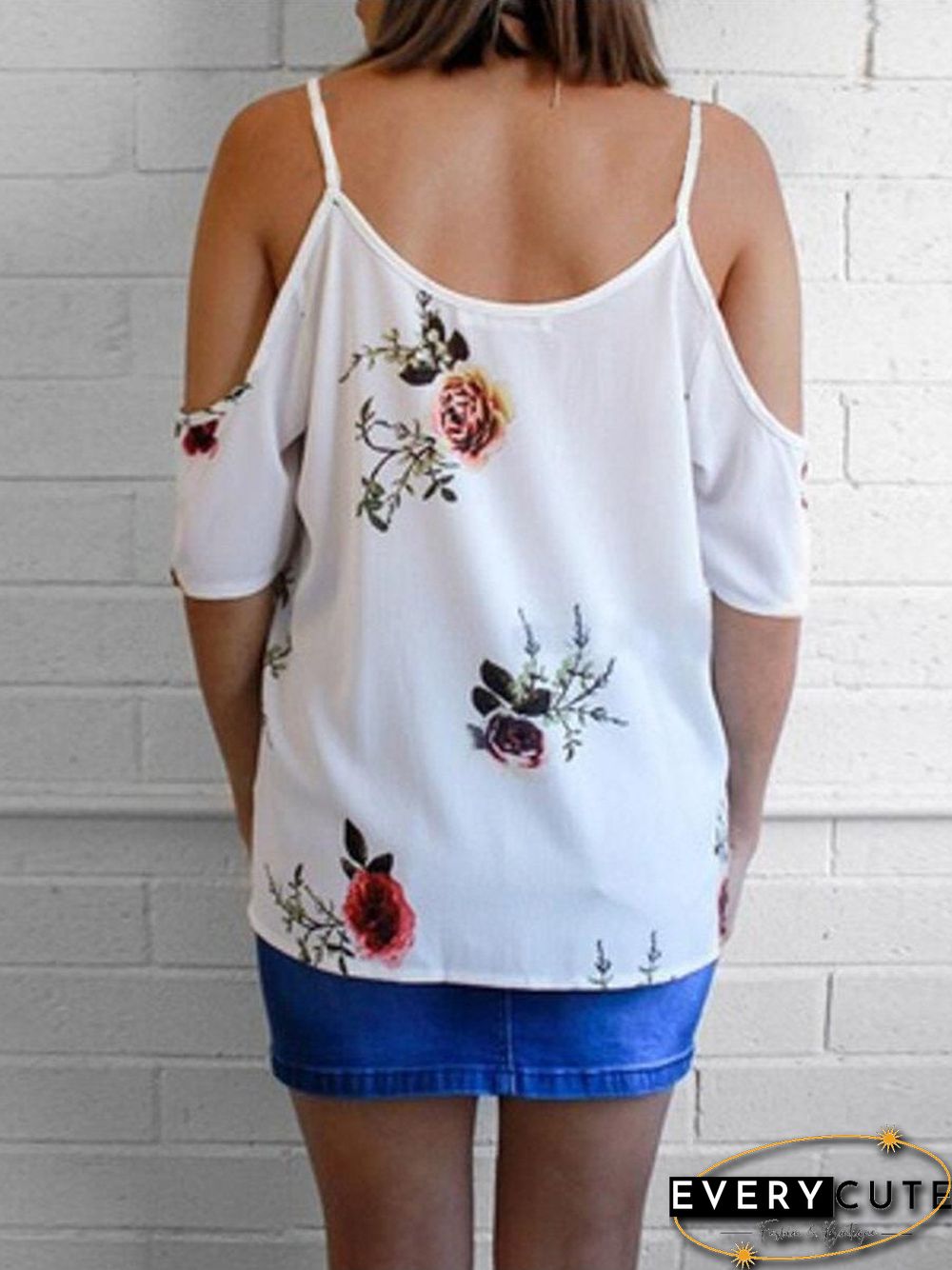 Cold Shoulder Straps Short Sleeves Floral T-Shirt Top